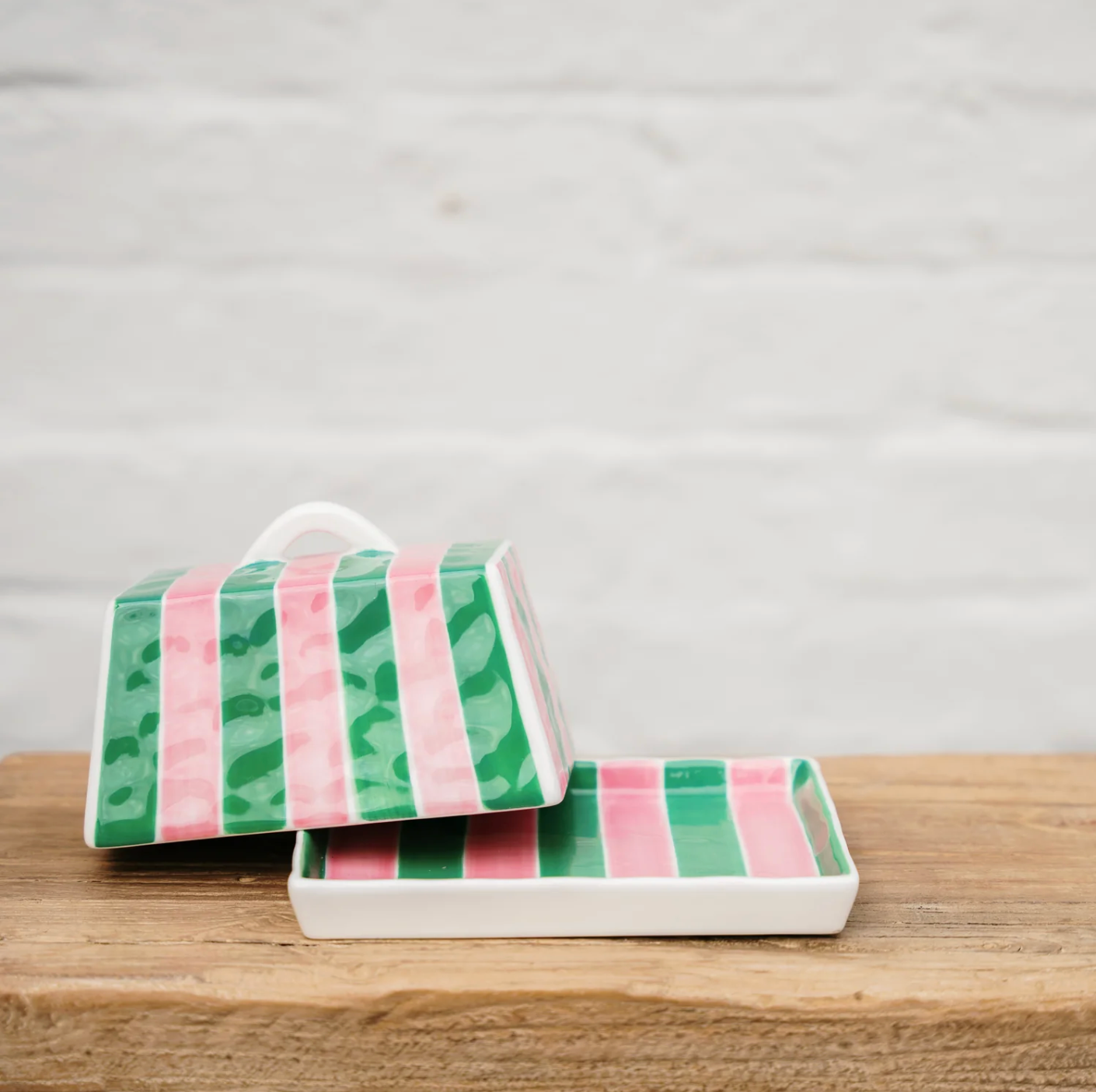 Large Butter Dish ~ Pink & Green Stripe