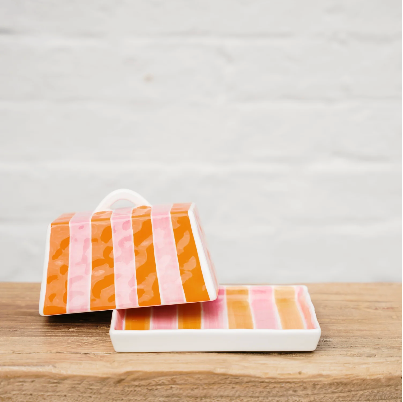 Large Butter Dish ~ Orange & Pink Stripe