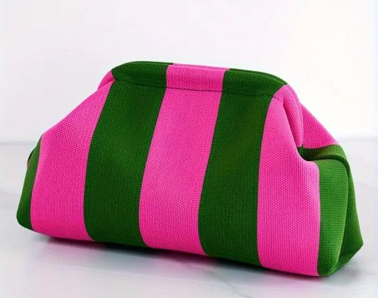 Clutch ~ Makeup Bag ~ Green/Pink Strip