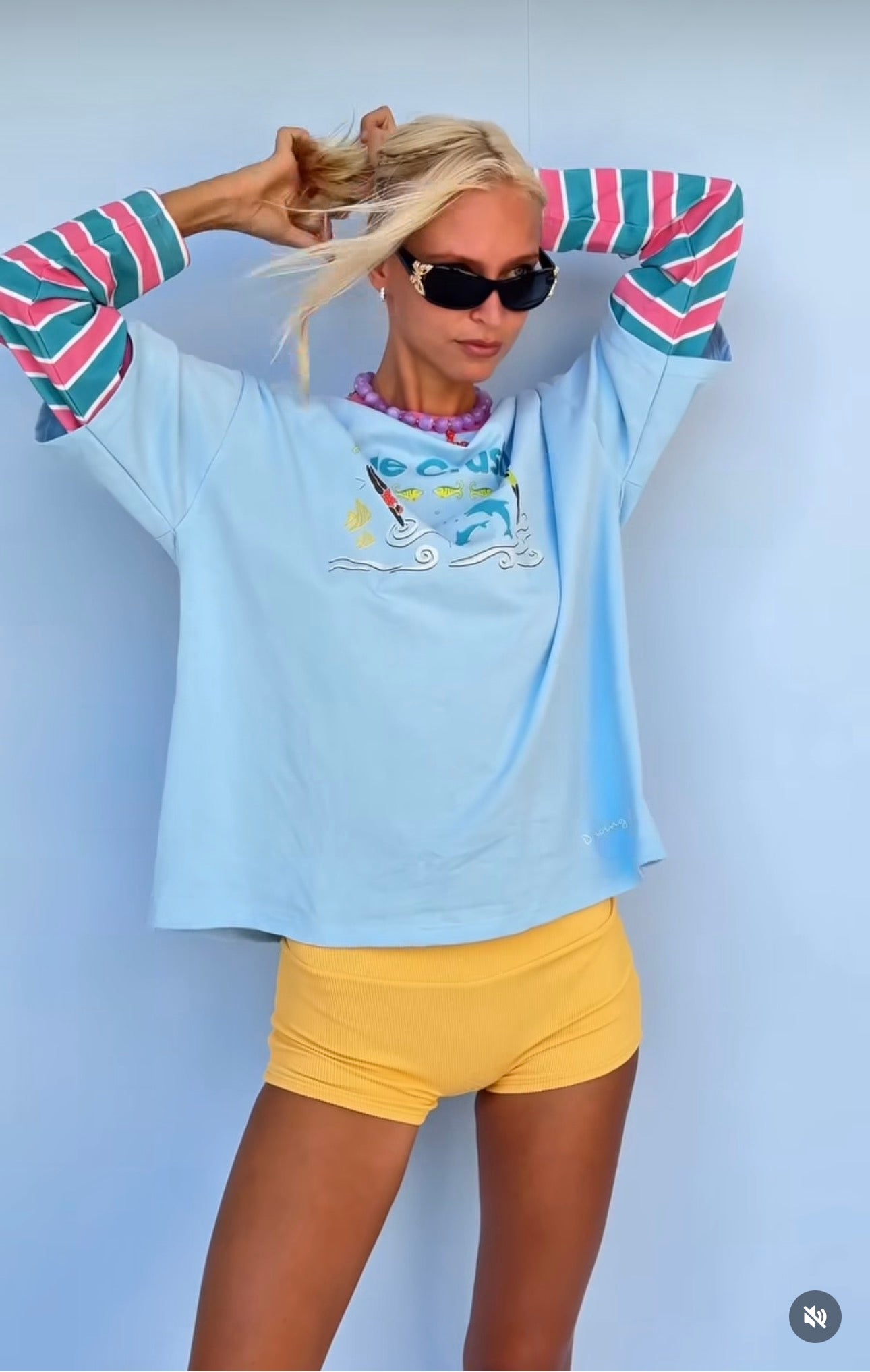 Blue Crush Long Sleeve Tee. Pink/Blue Sleeves.