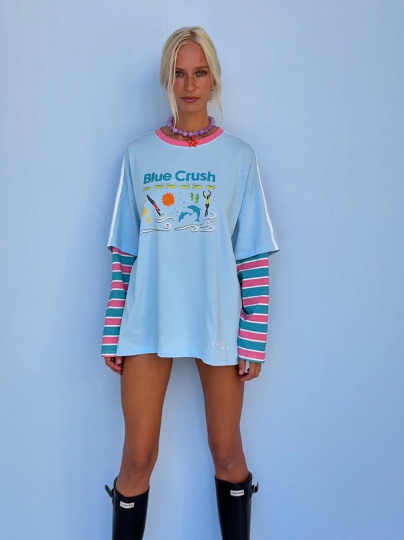 Blue Crush Long Sleeve Tee. Pink/Blue Sleeves.