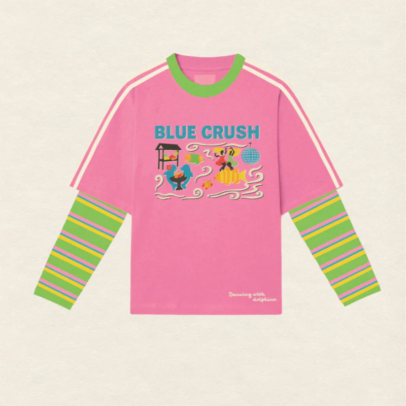 Pink Crush Long Sleeve Tee. Pink/Blue Sleeves