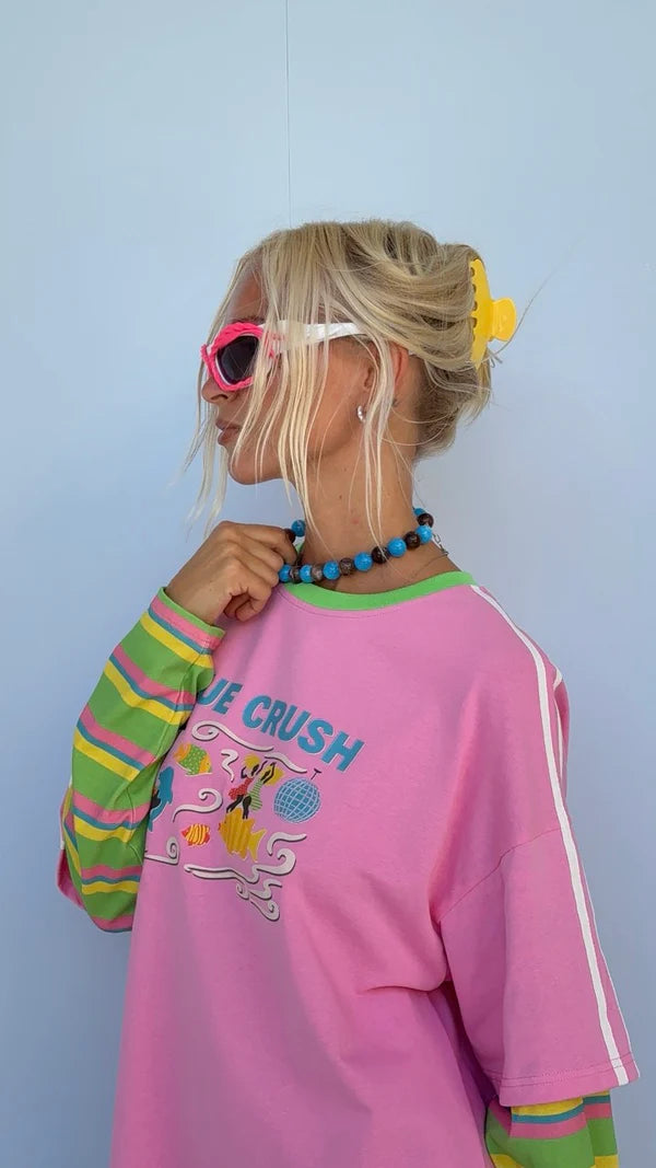 Pink Crush Long Sleeve Tee. Pink/Blue Sleeves