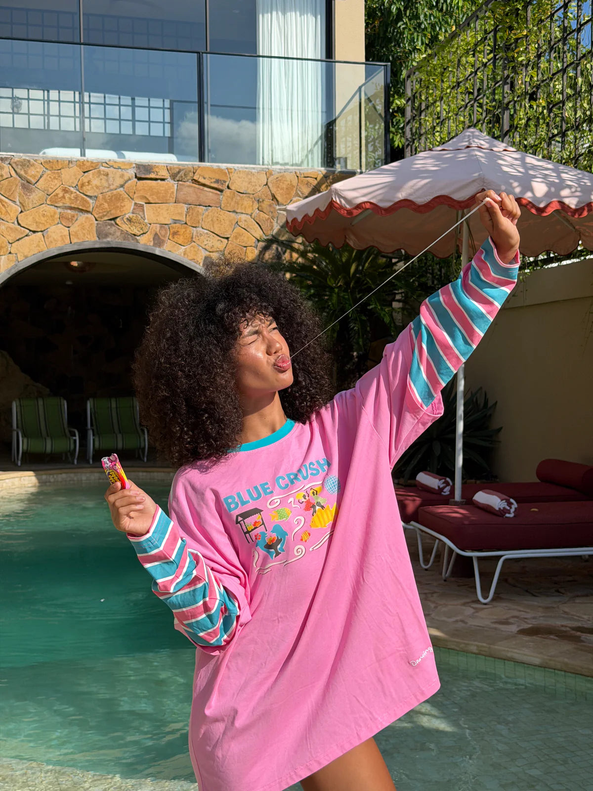 Pink Crush Long Sleeve Tee. Pink/Blue Sleeves