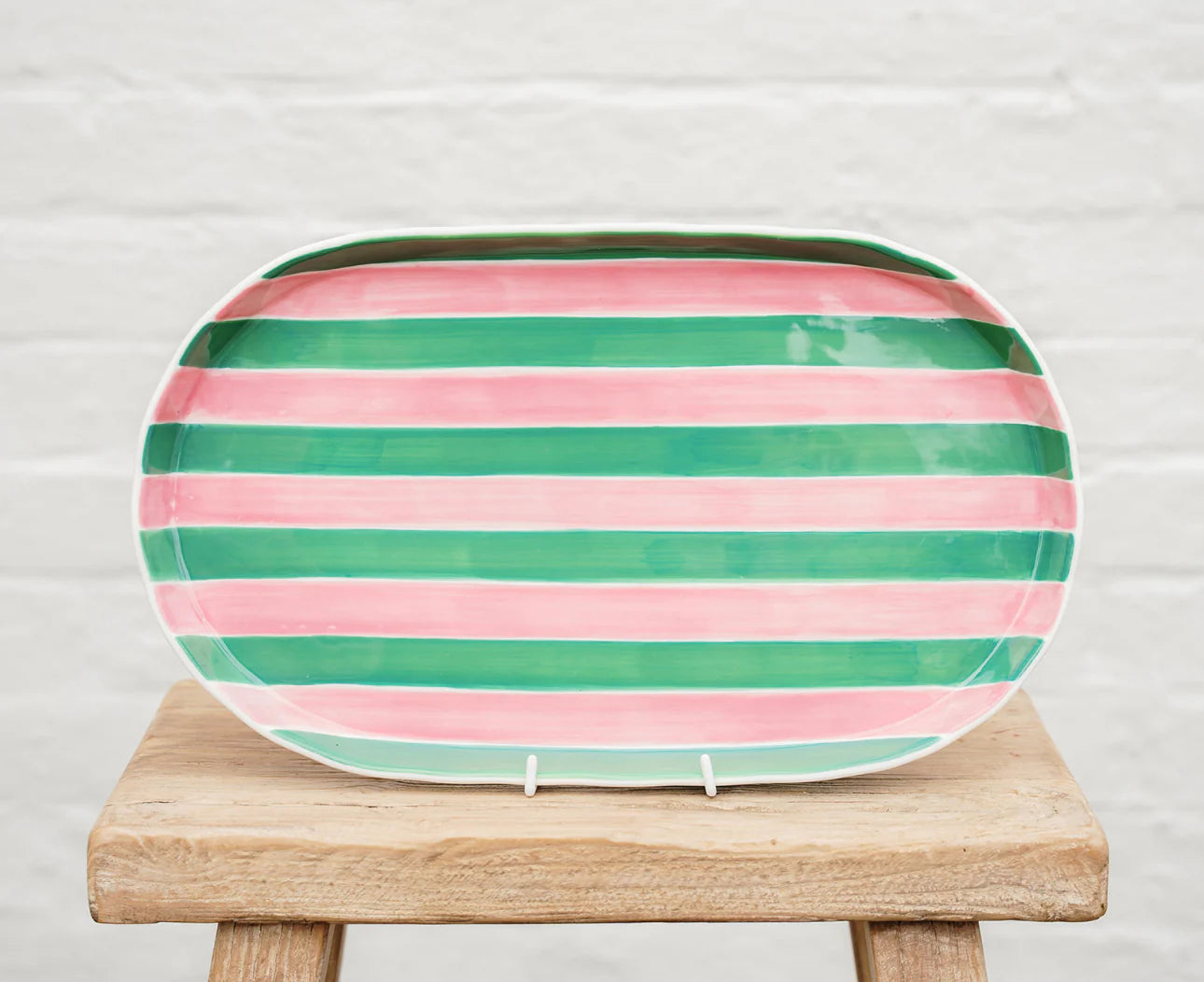 Oval Platter ~ Pink and Green Stripes.