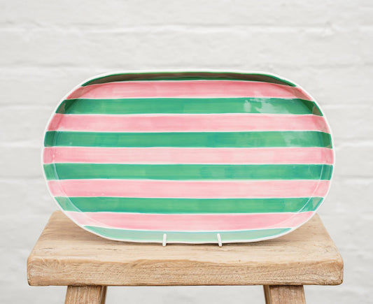 Oval Platter ~ Pink and Green Stripes.
