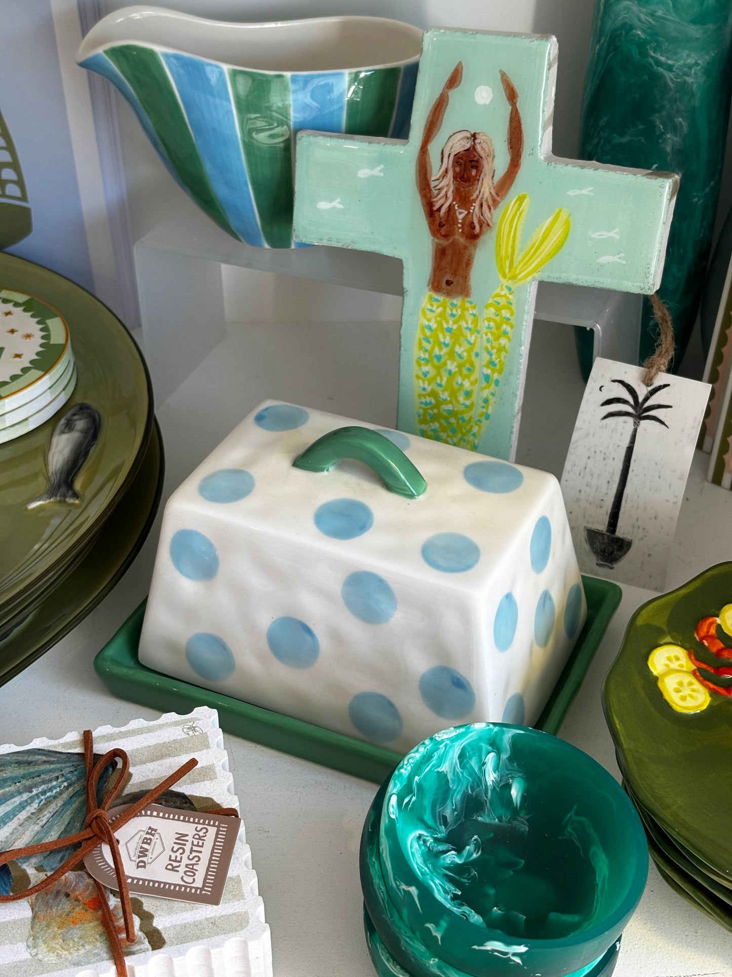 Large Butter Dish ~ Blue Dots with Green Handle and Tray