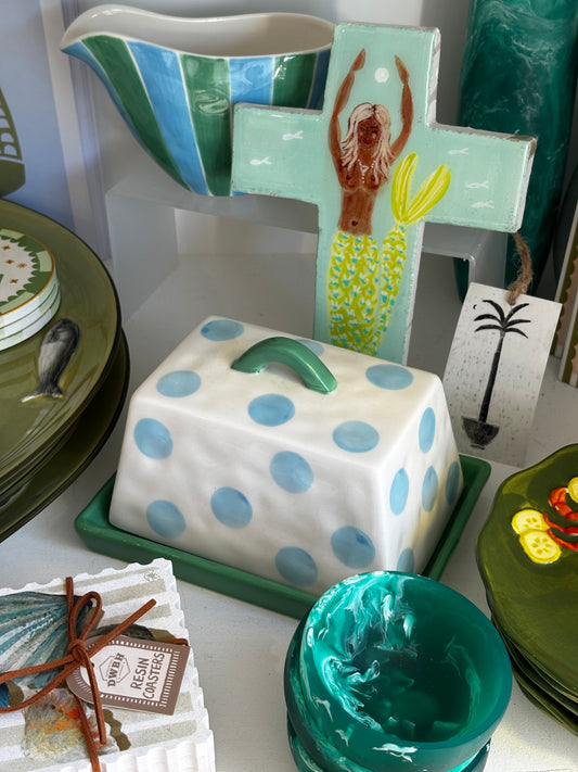 Large Butter Dish ~ Blue Dots with Green Handle and Tray