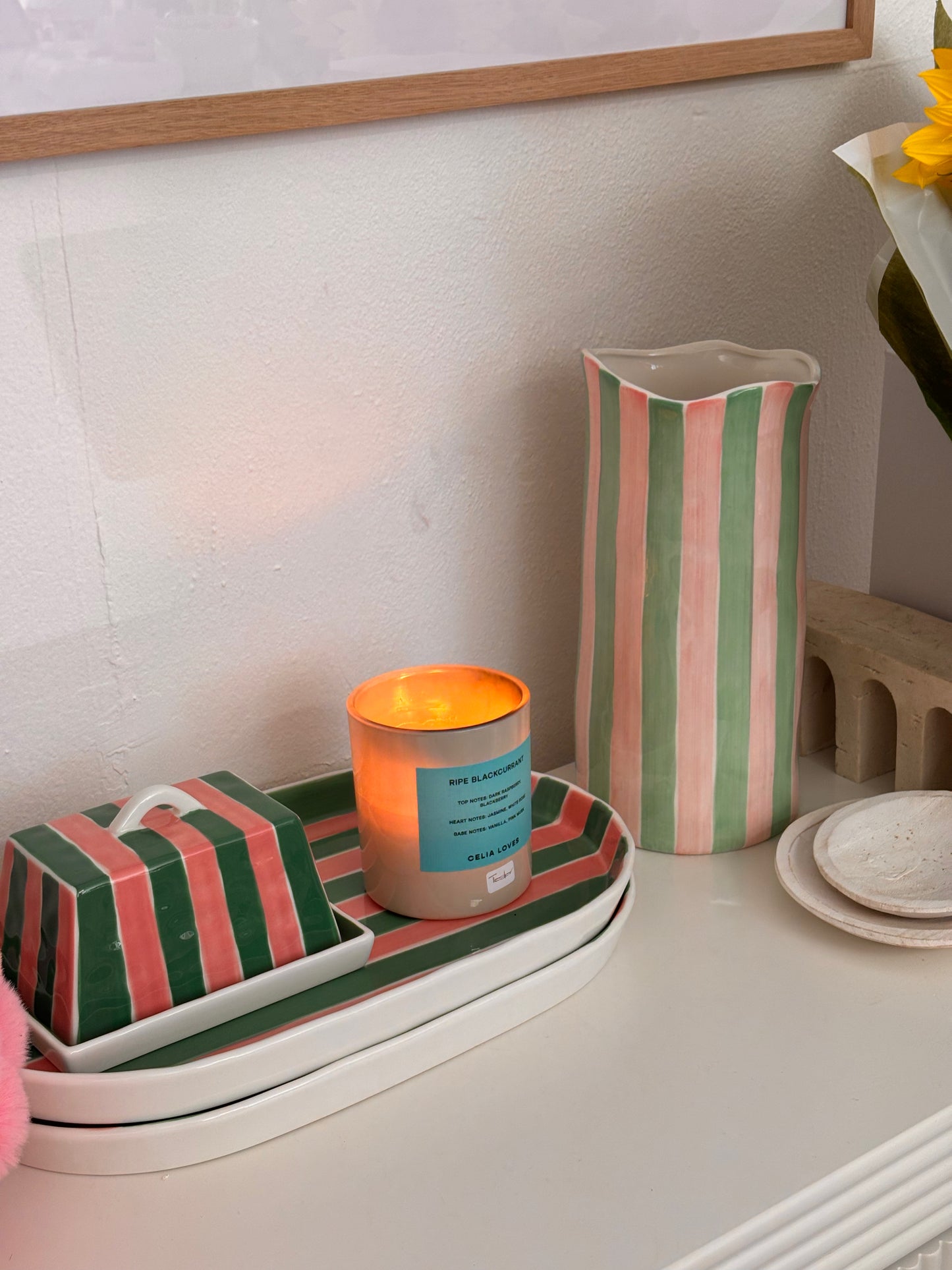 Large Butter Dish ~ Pink & Green Stripe