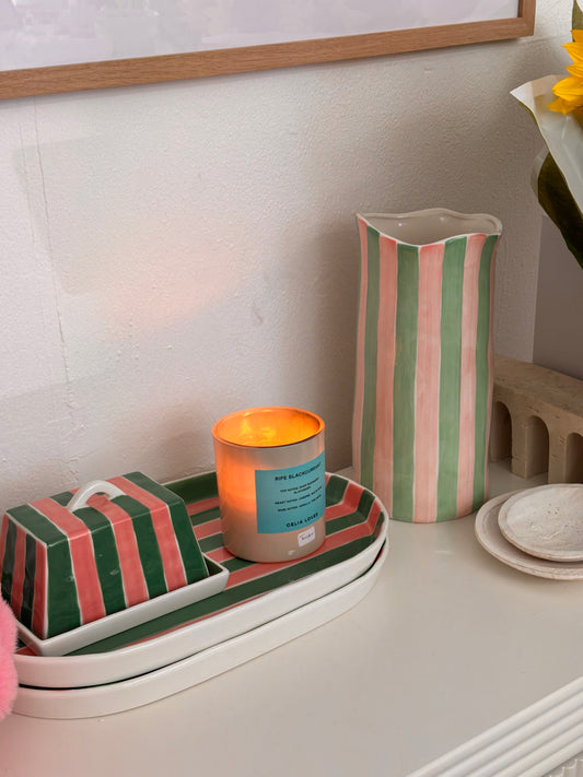 Large Butter Dish ~ Pink & Green Stripe
