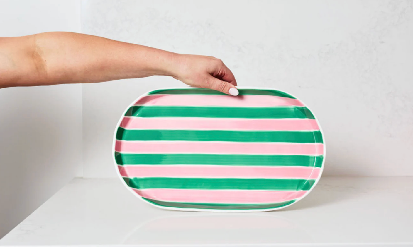 Oval Platter ~ Pink and Green Stripes