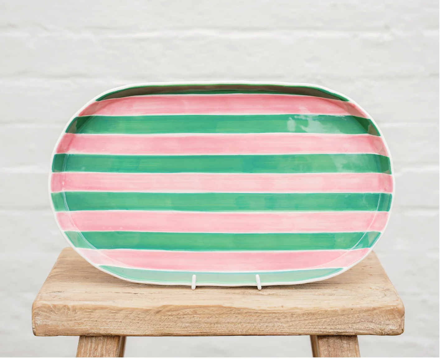 Oval Platter ~ Pink and Green Stripes
