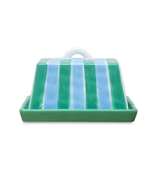 Large Butter Dish ~ Cornflower, Blue and Green Stripe