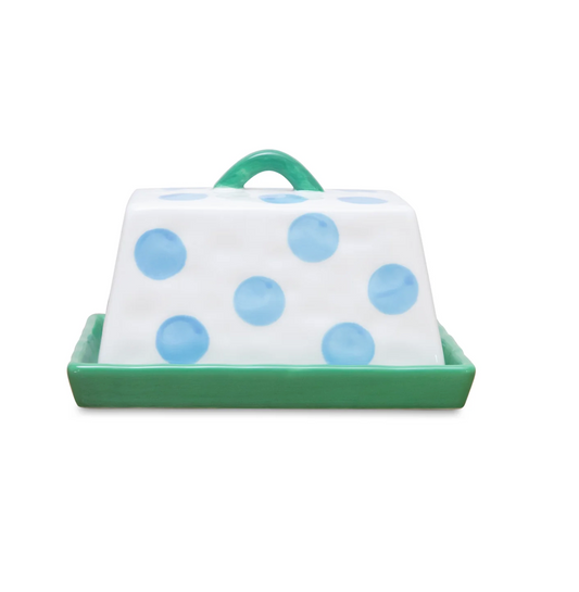 Large Butter Dish ~ Blue Dots with Green Handle and Tray