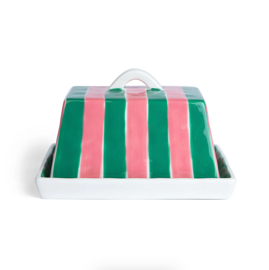 Large Butter Dish ~ Pink & Green Stripe