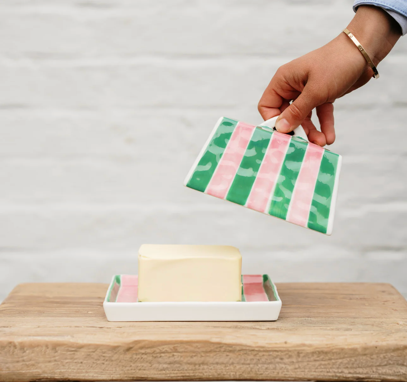 Large Butter Dish ~ Pink & Green Stripe