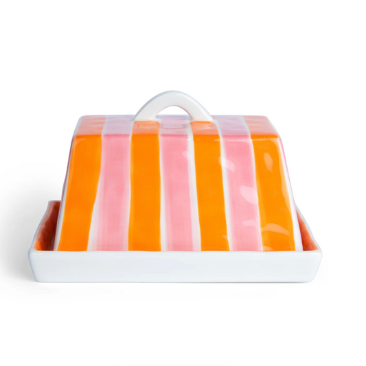 Large Butter Dish ~ Orange & Pink Stripe