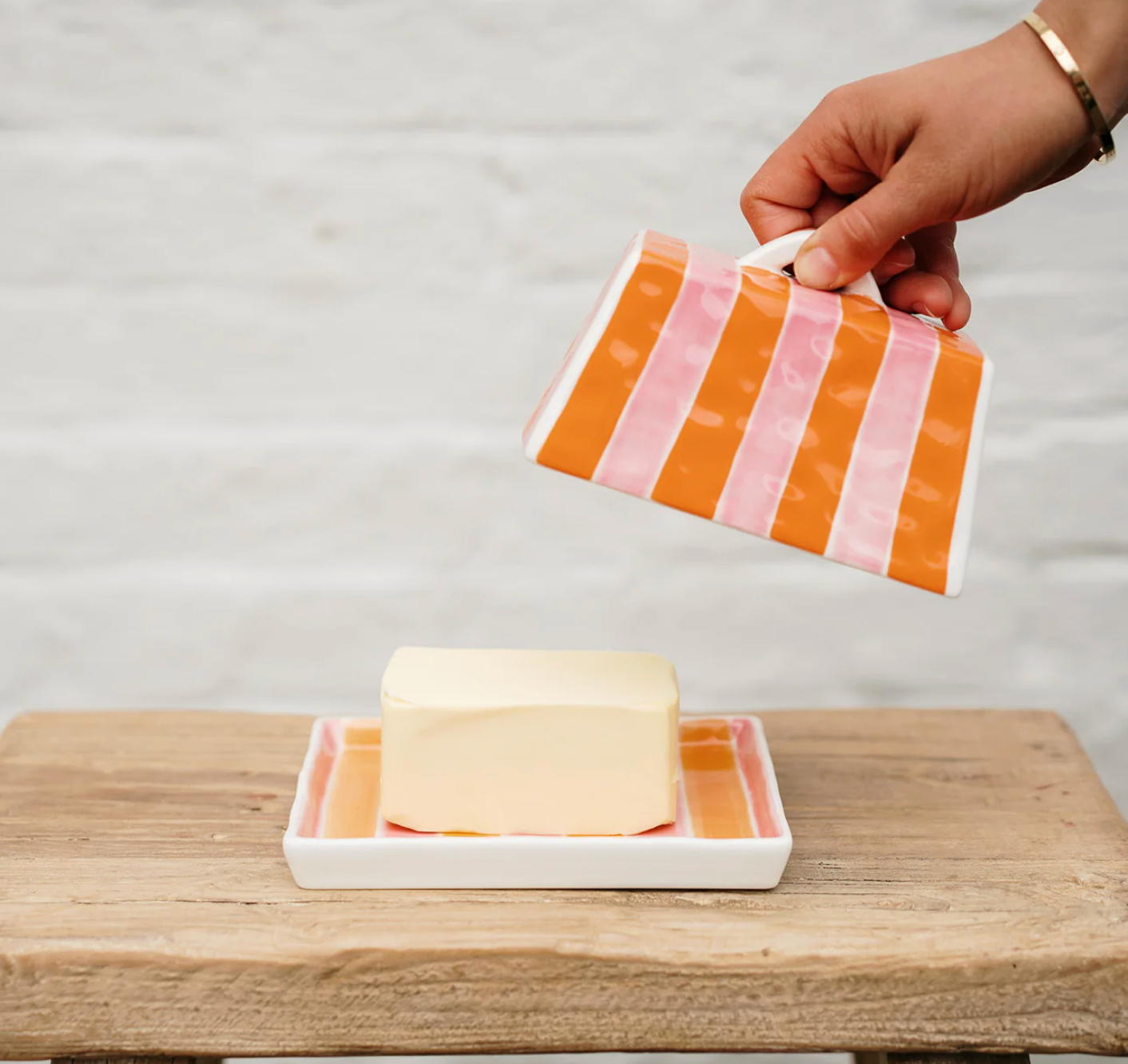 Large Butter Dish ~ Orange & Pink Stripe
